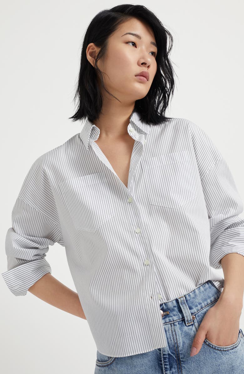 Brunello Cucinelli Cotton and silk chalk stripe poplin shirt with shiny collar detail, Alternate, color, 