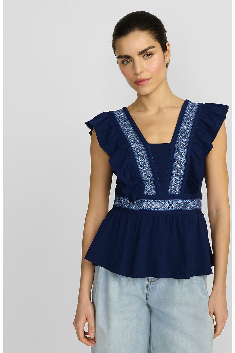Lightweight Jersey Ruffle Peplum Top, Main, color, Deep Sea Mosaic Tile Border