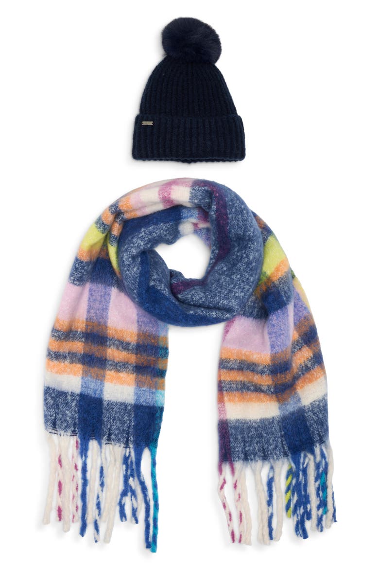 Faux Fur Pom Beanie & Scarf Set, Alternate, color, NAVY MULTI
