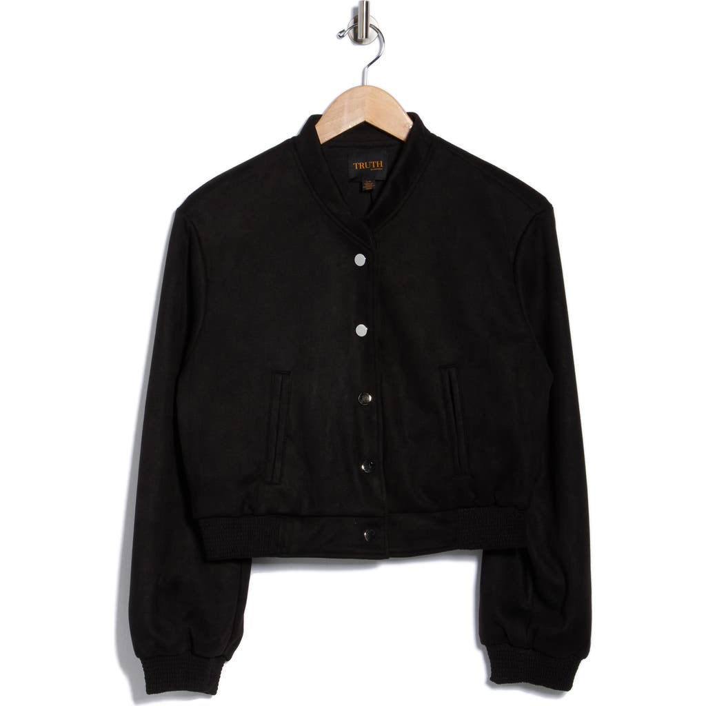 Truth Crop Faux Suede Bomber Jacket In Black