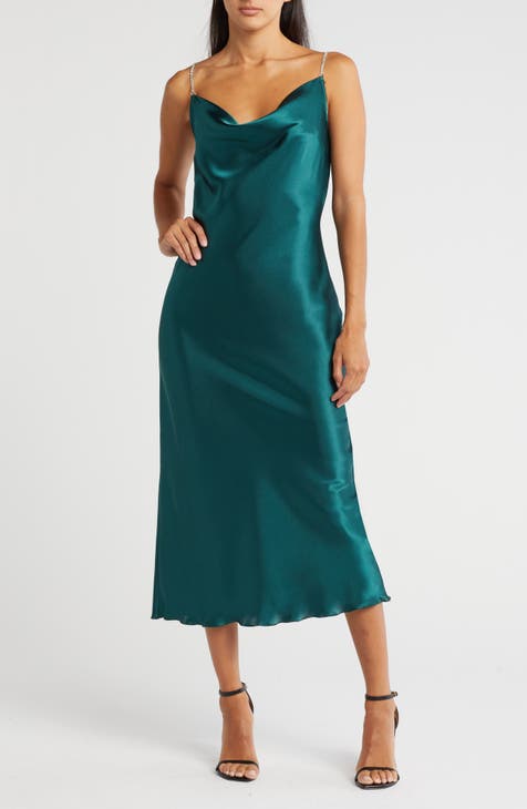 Crystal Strap Cowl Neck Satin Dress