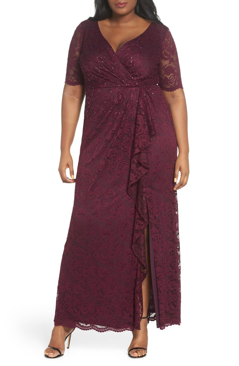 Adrianna Papell Cascade Ruffle Sequin Lace Gown, Main, color, 