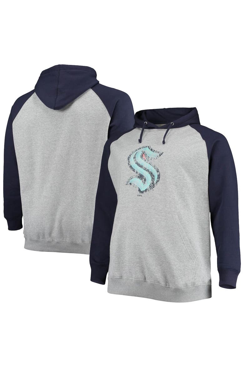Men's Fanatics Branded Heathered Gray/Deep Sea Blue Seattle Kraken Big & Tall Raglan Pullover Hoodie, Main, color, Heather Gray