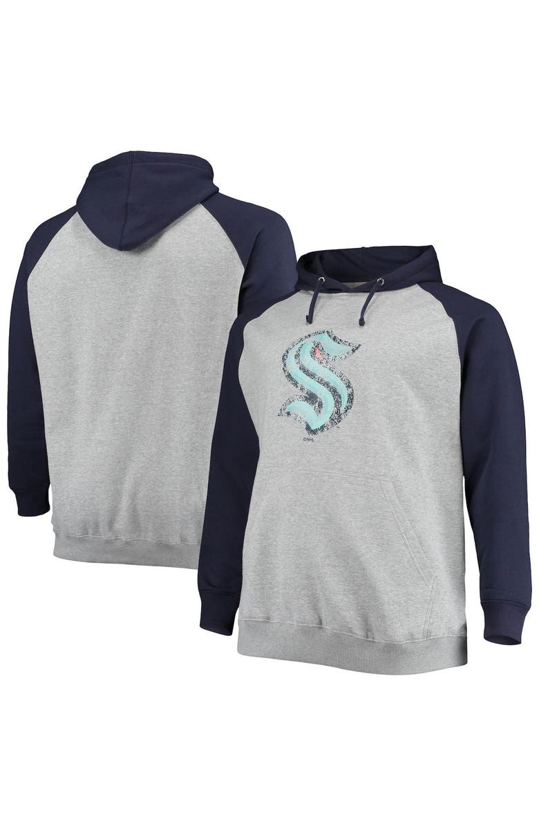FANATICS Men's Fanatics Branded Heathered Gray/Deep Sea Blue Seattle Kraken Big & Tall Raglan Pullover Hoodie, Main, color, Heather Gray