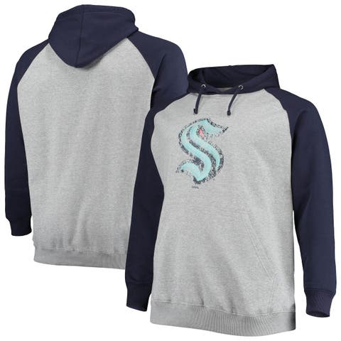 Men's Fanatics Branded Heathered Gray/Deep Sea Blue Seattle Kraken Big & Tall Raglan Pullover Hoodie