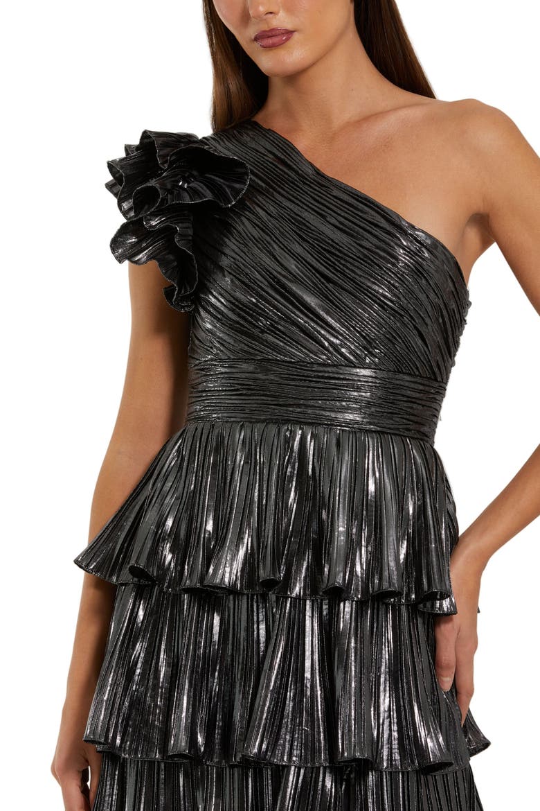 Pleated Metallic Tiered Ruffle One Shoulder Gown, Alternate, color, Gunmetal