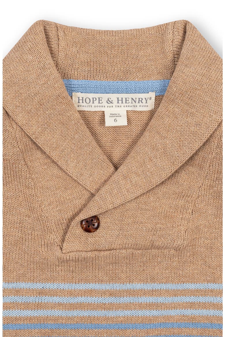 Kids' Organic Shawl Collar Stripe Sweater, Alternate, color, Camel Heather Stripe