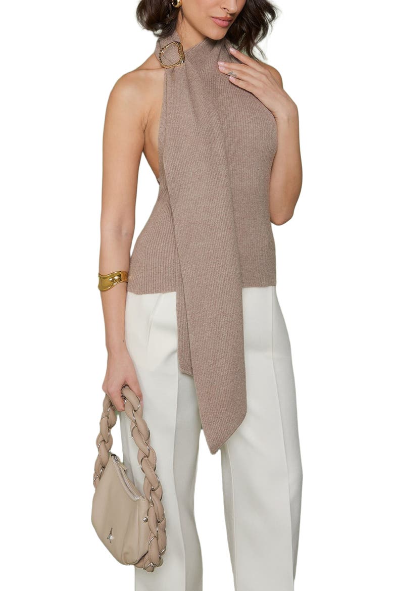 Elodie Knitted Draped Halterneck Top, Alternate, color, Taupe
