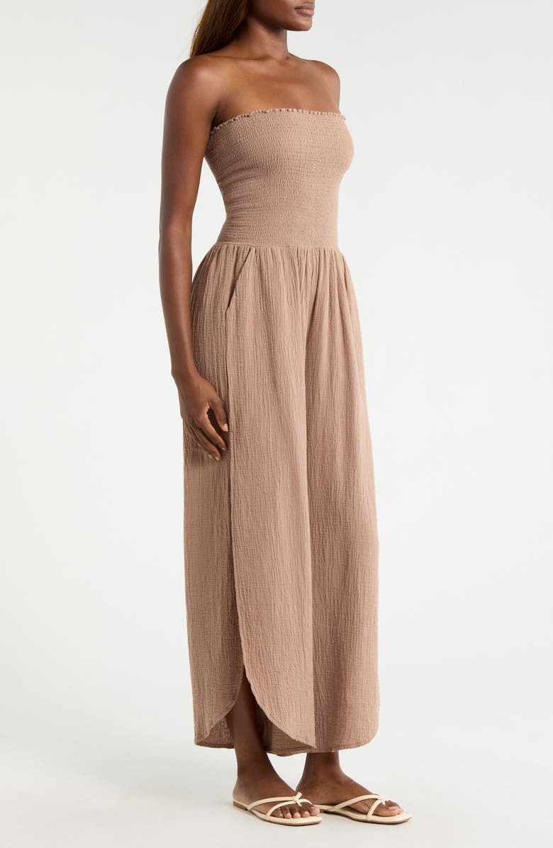 Elan Strapless Smocked Bodice Cotton Gauze Cover-Up Jumpsuit, Alternate, color, Taupe