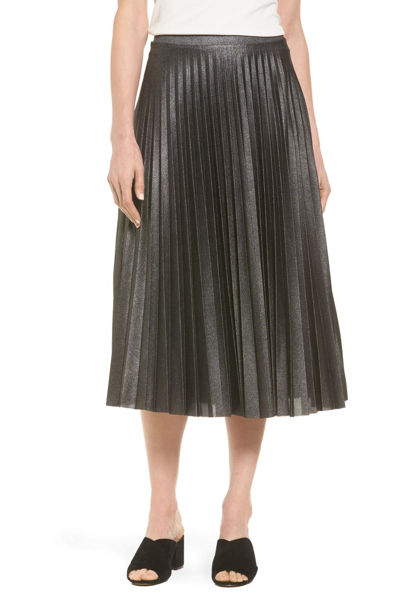 Metallic Pleat Midi Skirt, Main, color, GREY FOIL