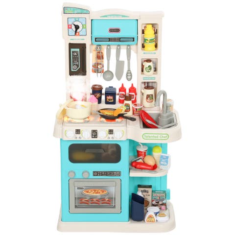 Kids Play Kitchen Toy Set, Chef Pretend Kitchen Playset with Real Lights & Sounds, 92 Pcs Toy Food & Cookware Accessories, Ages 3-6, Green