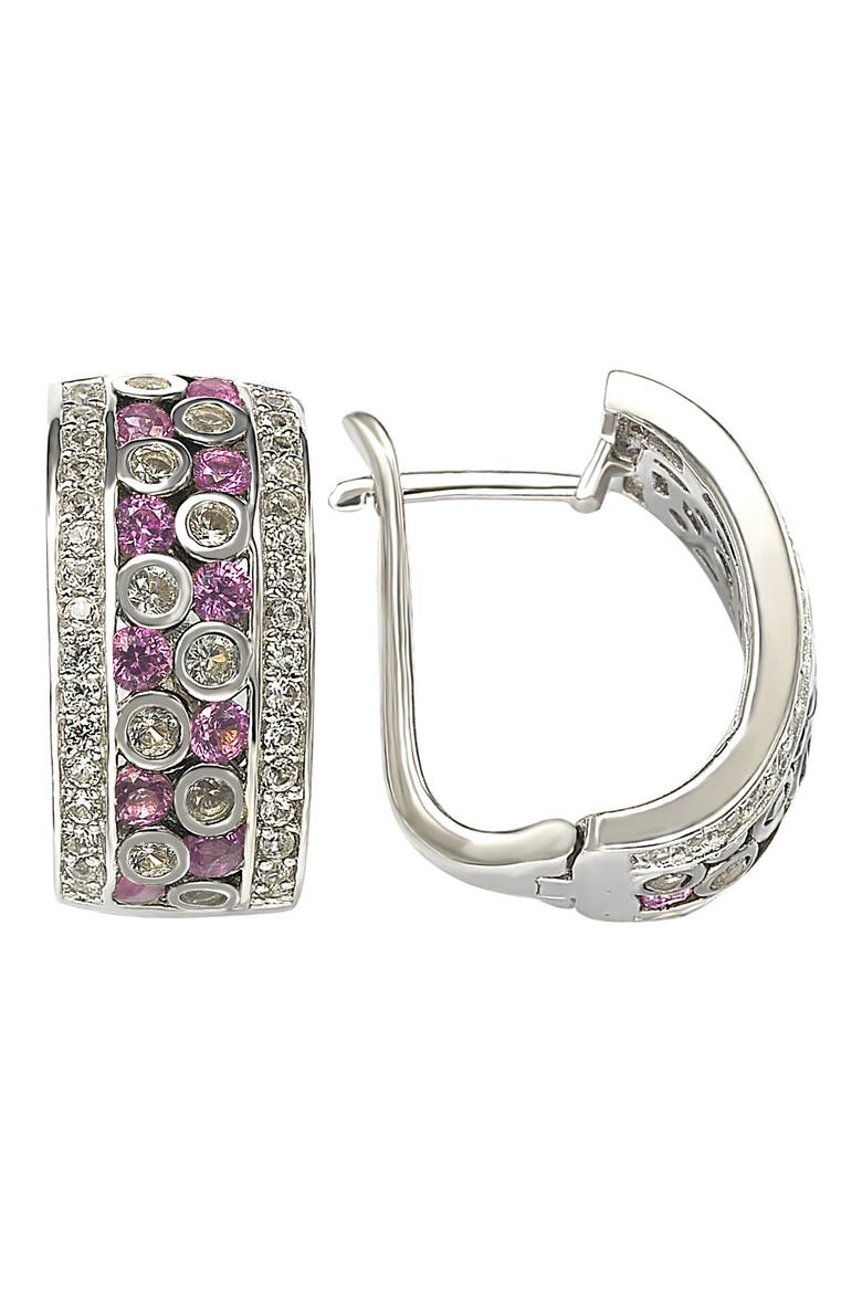 Sterling Silver & Pink Sapphire Huggie Hoop Earrings, Main, color, PINK