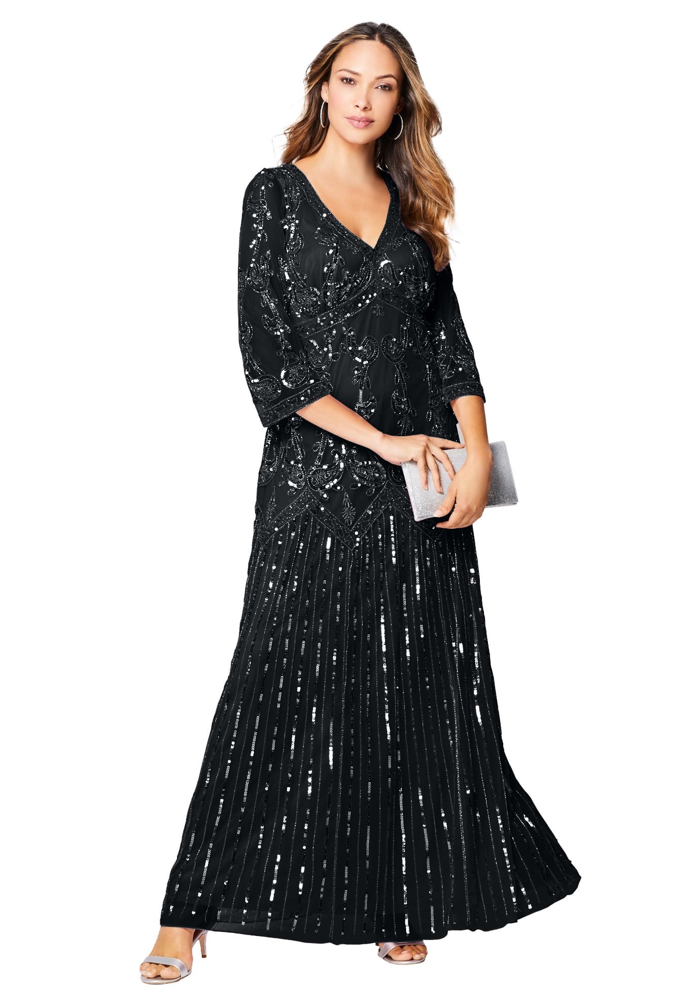 Plus Size Beaded V-Neck 3/4 Sleeve Sleeve Maxi Gown