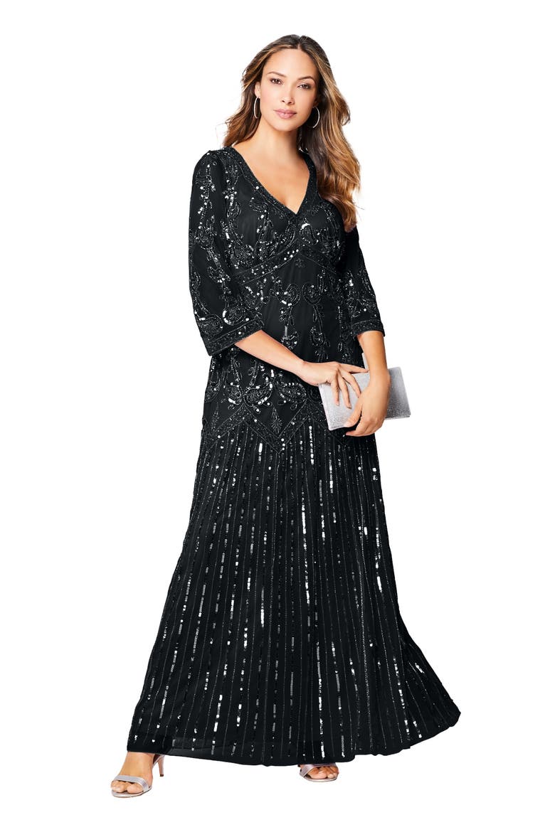 Plus Size Beaded V-Neck 3/4 Sleeve Sleeve Maxi Gown, Main, color, BLACK