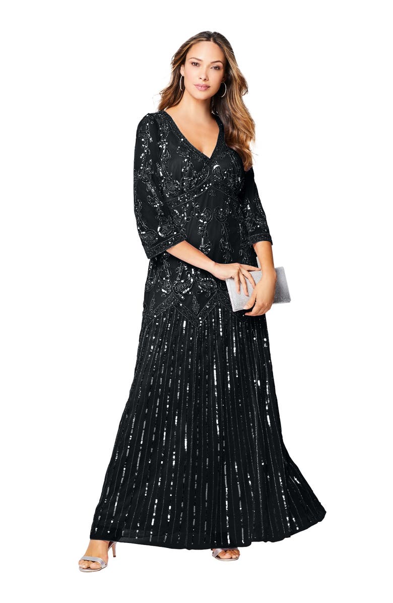 Roaman's Plus Size Beaded V-Neck 3/4 Sleeve Sleeve Maxi Gown, Main, color, Black