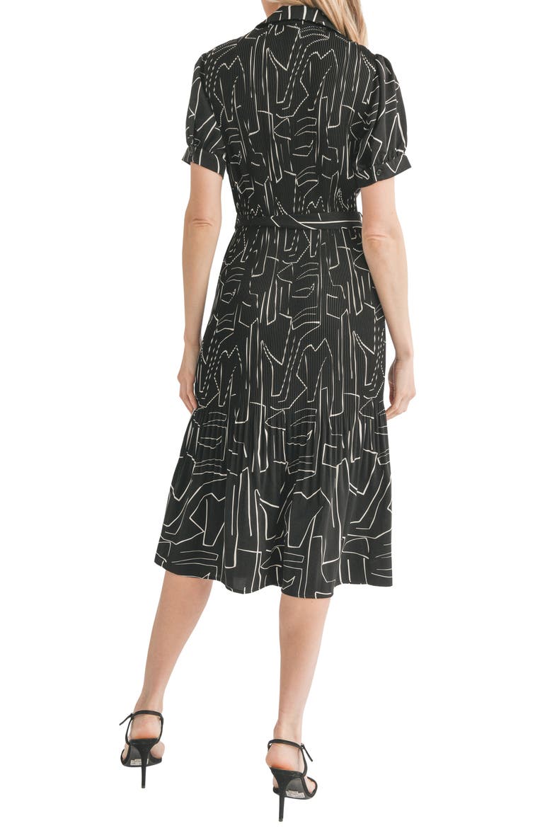Print Pleat Tie Waist Midi Shirtdress, Alternate, color, BLACK WHITE