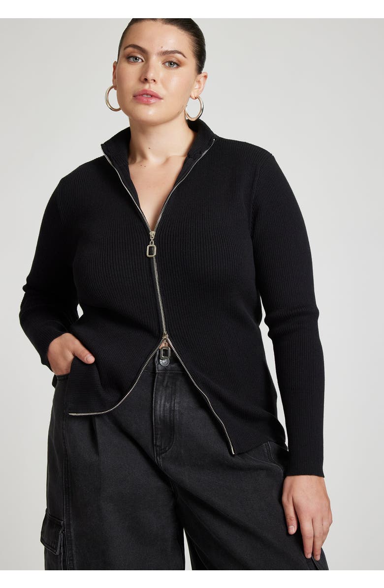 ELOQUII Two Way Zipper Sweater, Main, color, Charcoal Smudge