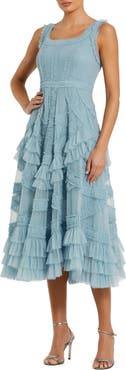 Mac Duggal Scoop Neck Sleeveless Mesh Micro Ruffle Midi Dress