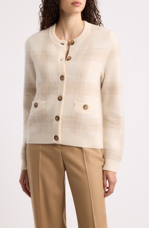 Windowpane Plaid Cashmere & Silk Cardigan