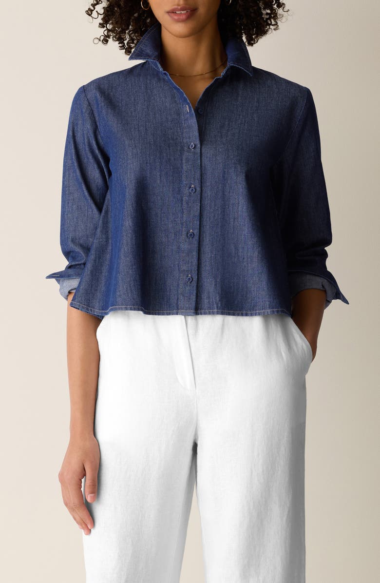 Eileen Fisher Button Front Denim Shirt, Main, color, Dark Indigo