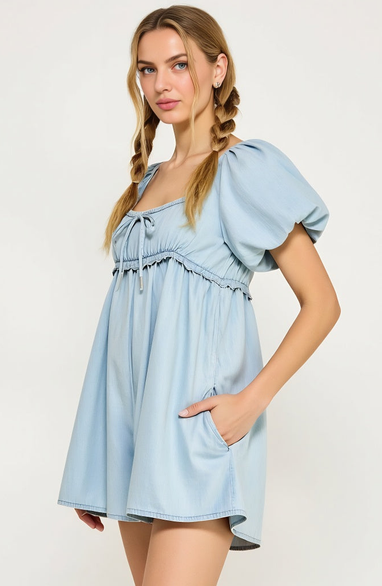Modenaire Puff Sleeve Romper with Tie Front and Relaxed Flowy Fit, Alternate, color, Light Blue