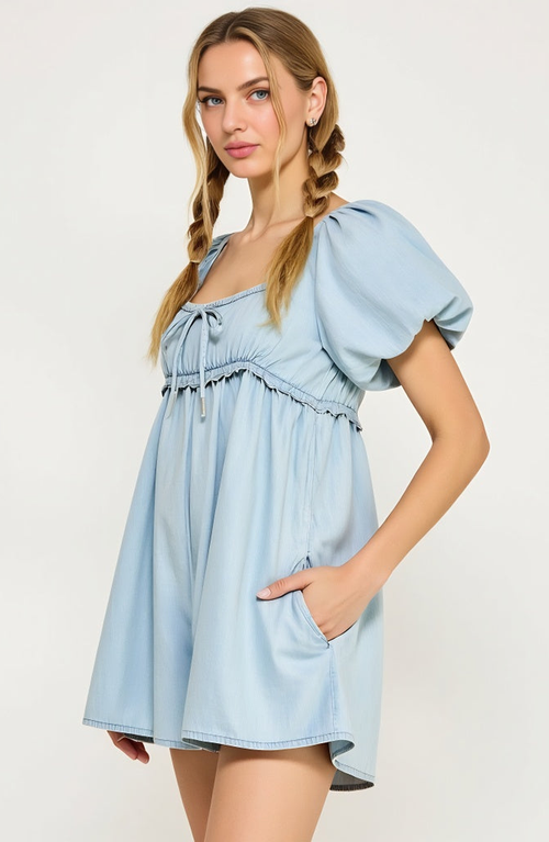 Modenaire Puff Sleeve Romper With Tie Front And Relaxed Flowy Fit