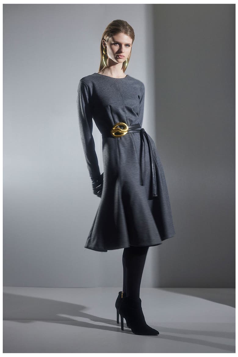 Double Jersey Fluted Hem Long Sleeve Midi Dress, Alternate, color, GREY