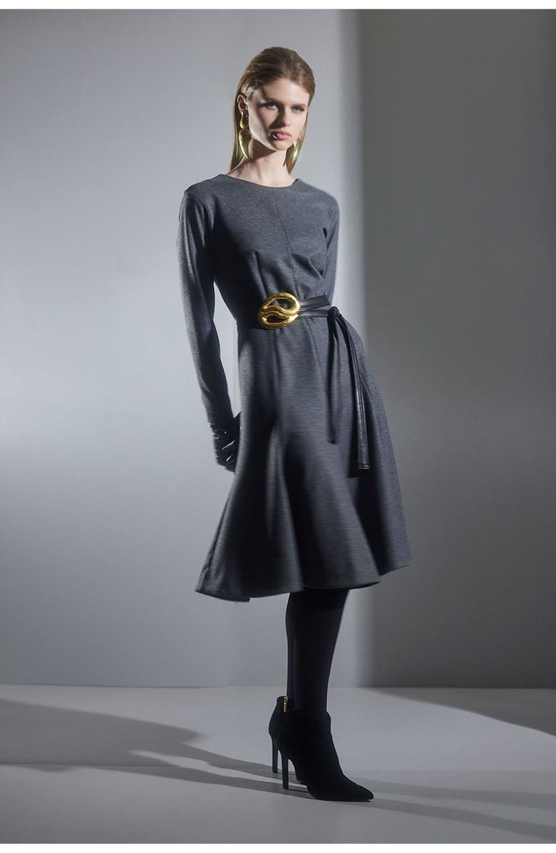 Natori Double Jersey Fluted Hem Long Sleeve Midi Dress, Alternate, color, Grey