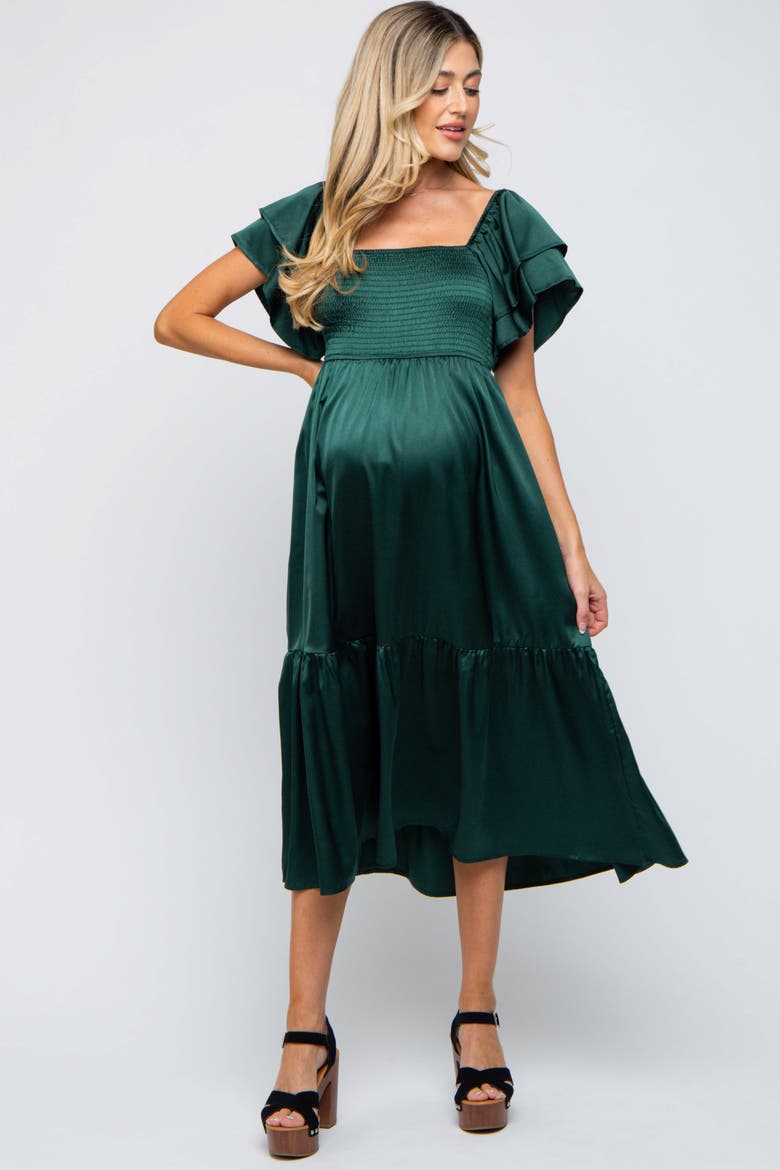 Satin Flutter Sleeve Midi Dress, Alternate, color, Forest Green
