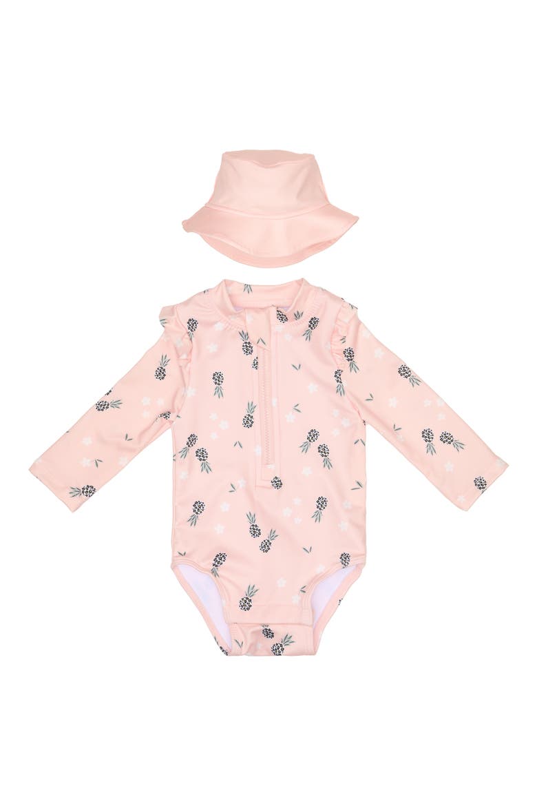 One-Piece Rashguard Swimsuit & Hat Set, Main, color, PINK PINEAPPLE