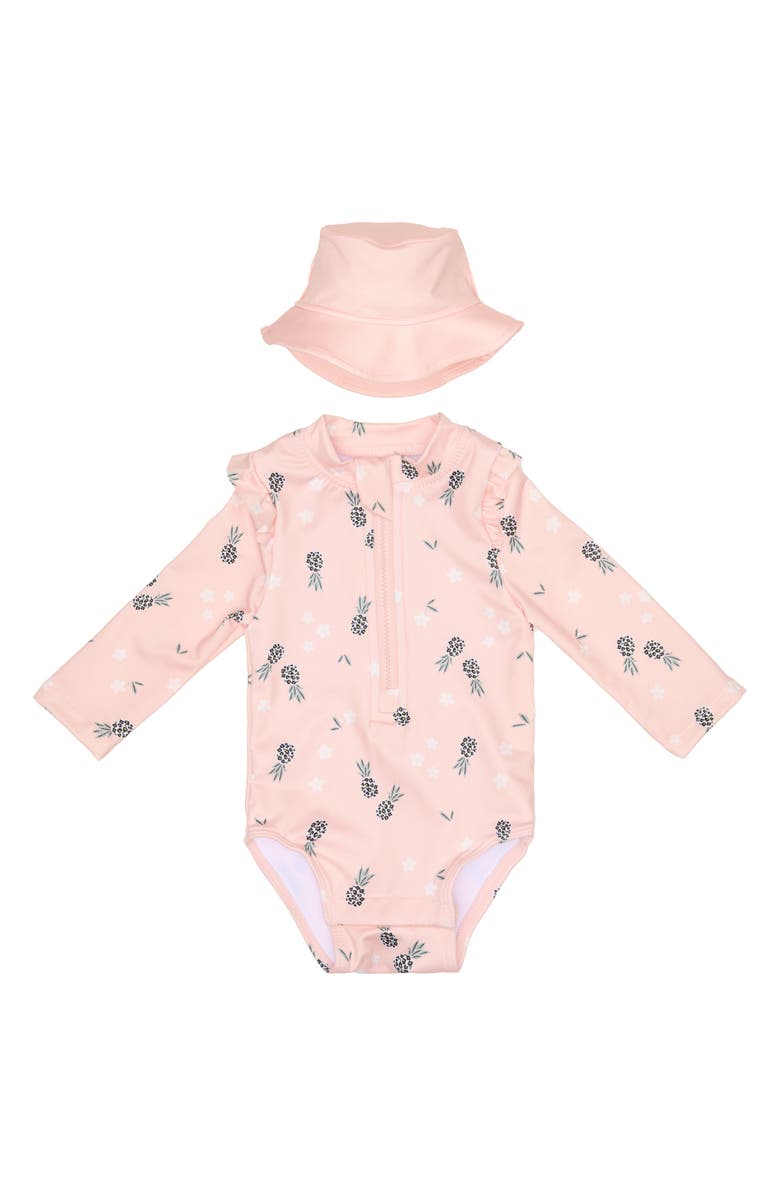 PL Baby by Petit Lem One-Piece Rashguard Swimsuit & Hat Set, Main, color, Pink Pineapple