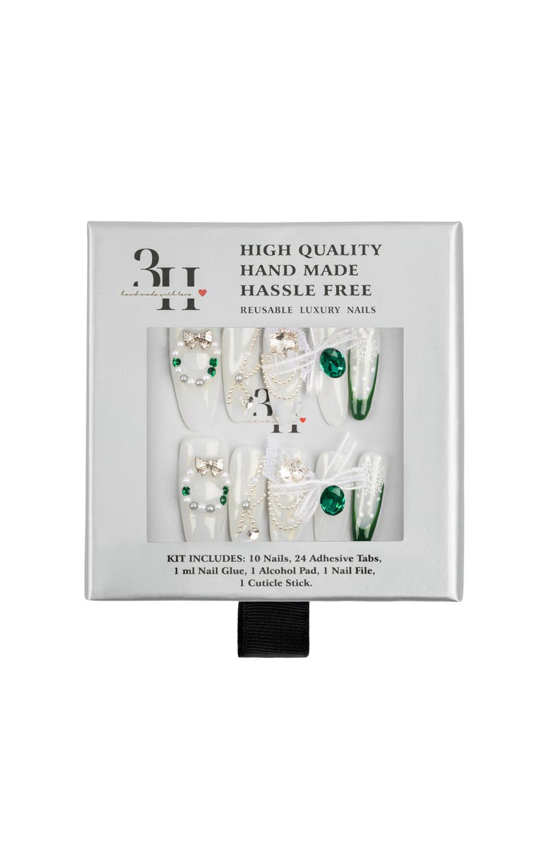 3H Nails Emerald Noir Luxury Handmade Press On Nails, Alternate, color, White, Green