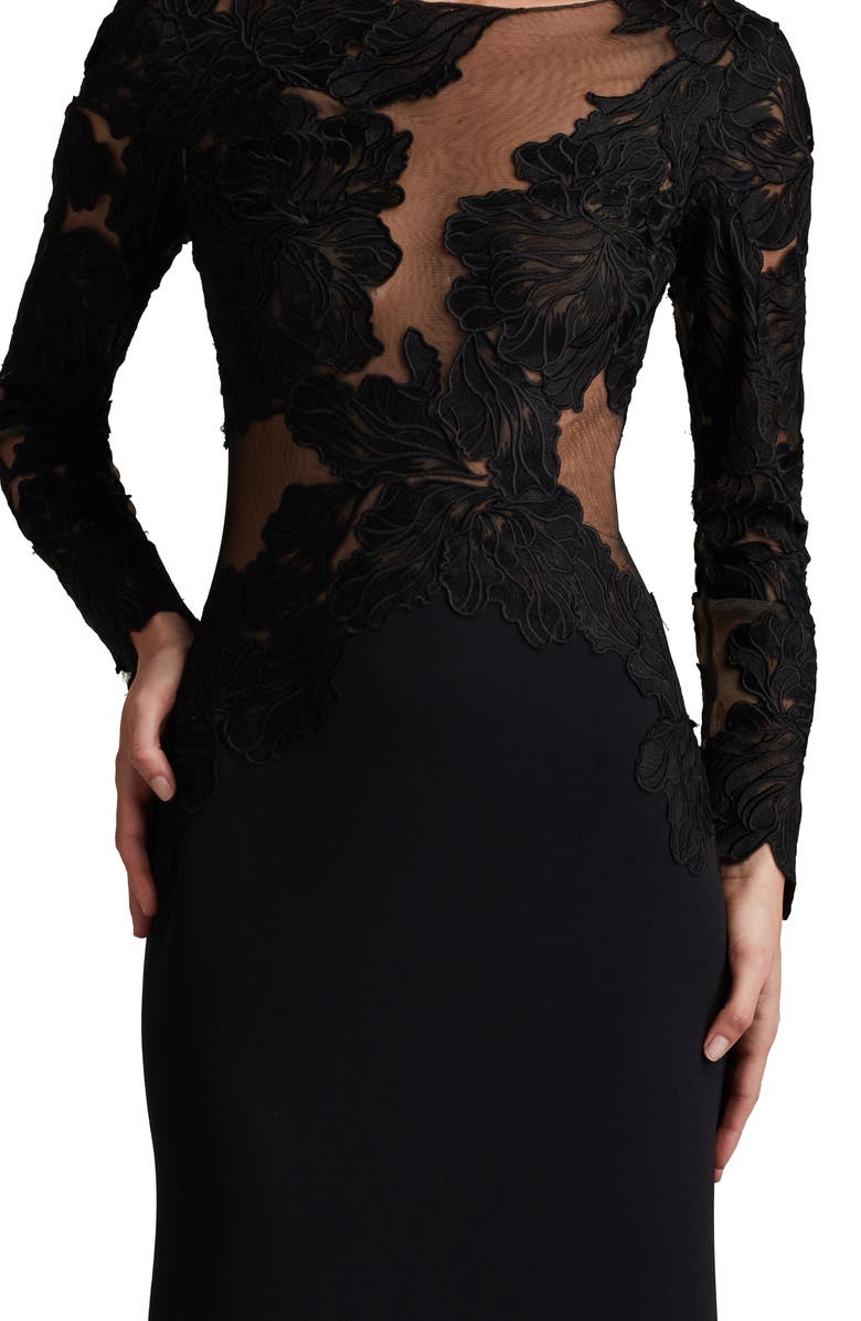 Tadashi Shoji Floral Embroidery Long Sleeve Gown, Alternate, color, Black/ Nude