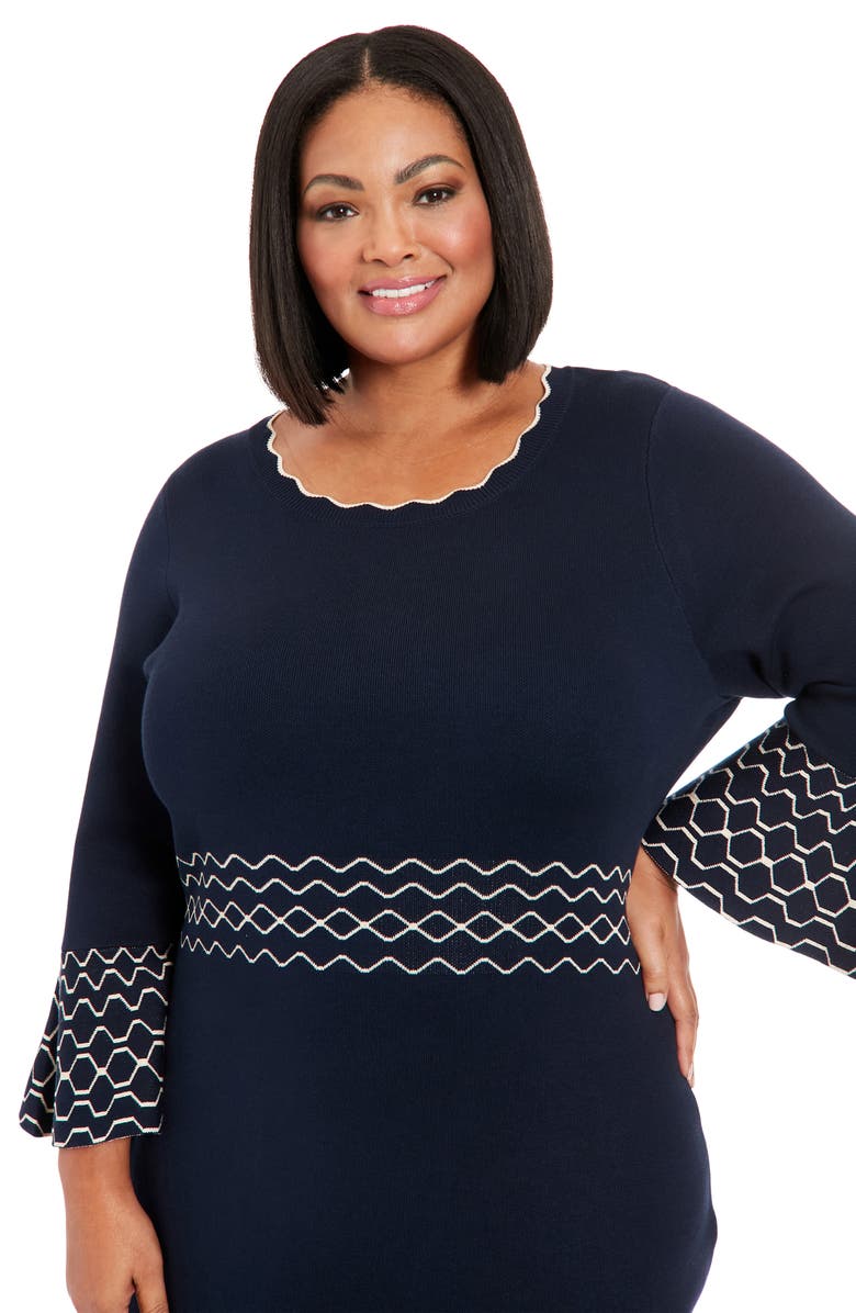 London Times Piped Bell Sleeve Sweater Dress, Alternate, color, Navy