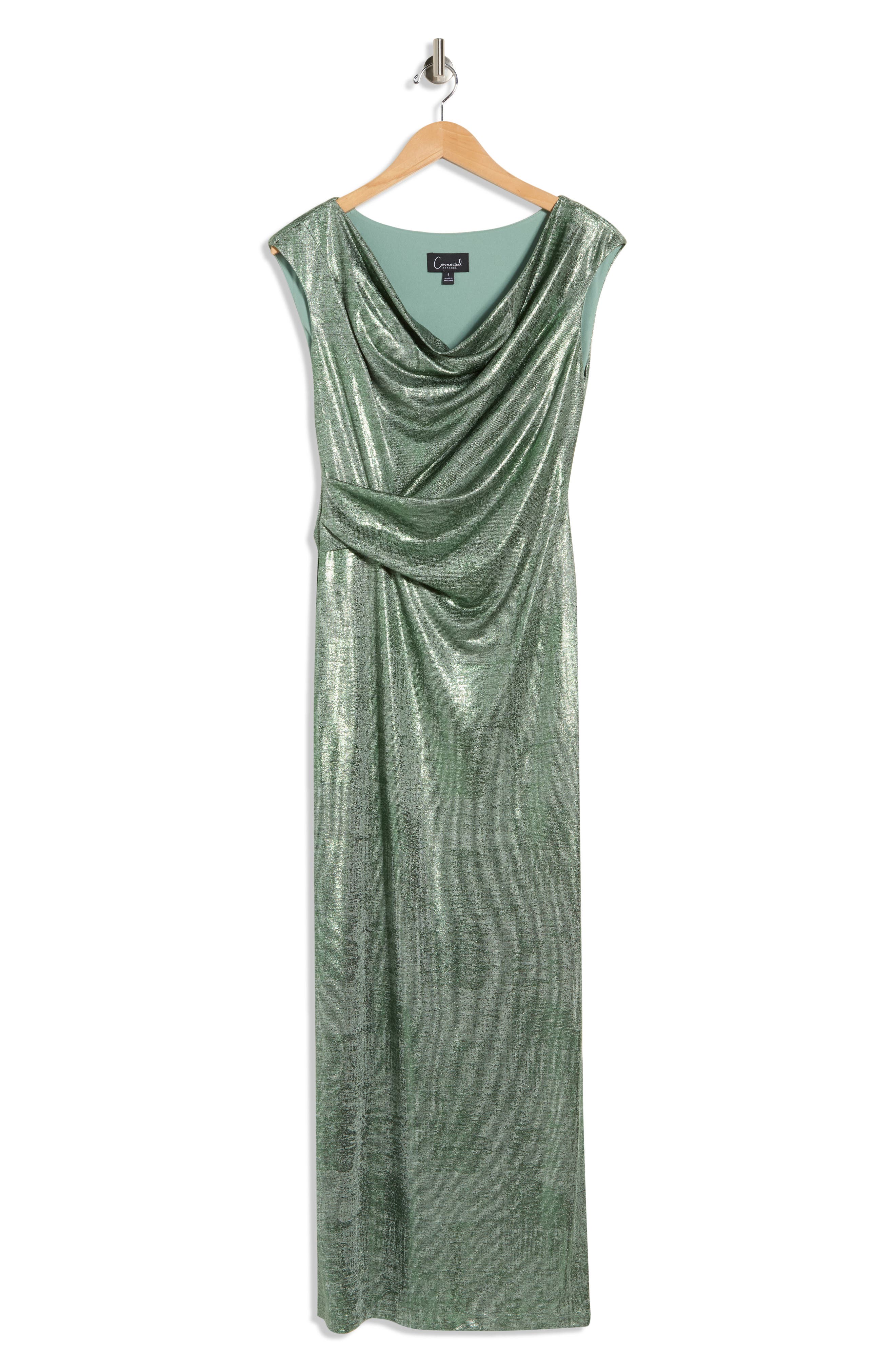 Connected Apparel Metallic Cowl Neck Sleeveless Gown