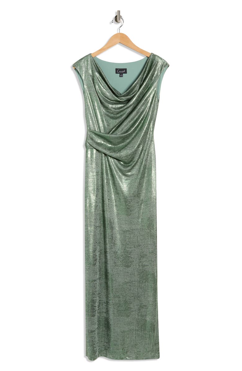 Connected Apparel Metallic Cowl Neck Sleeveless Gown, Alternate, color, Sage