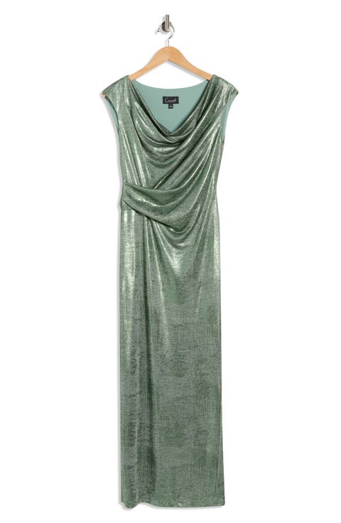 Metallic Cowl Neck Sleeveless Gown