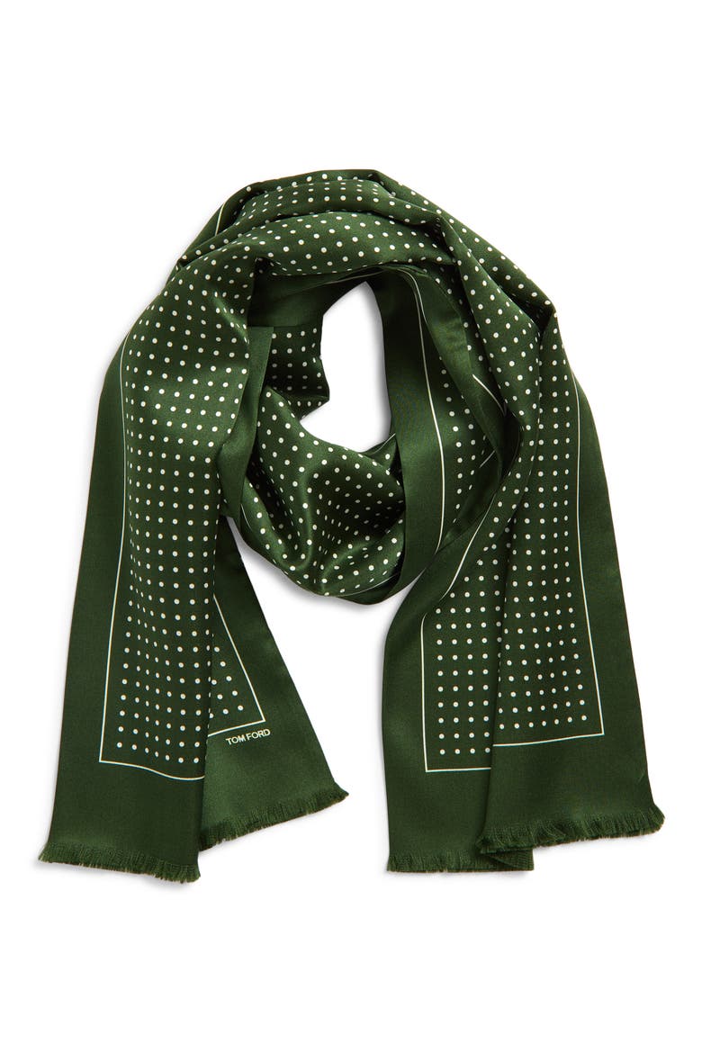 Polka Dot Mulberry Silk Fringe Scarf, Main, color, GREEN WOOD
