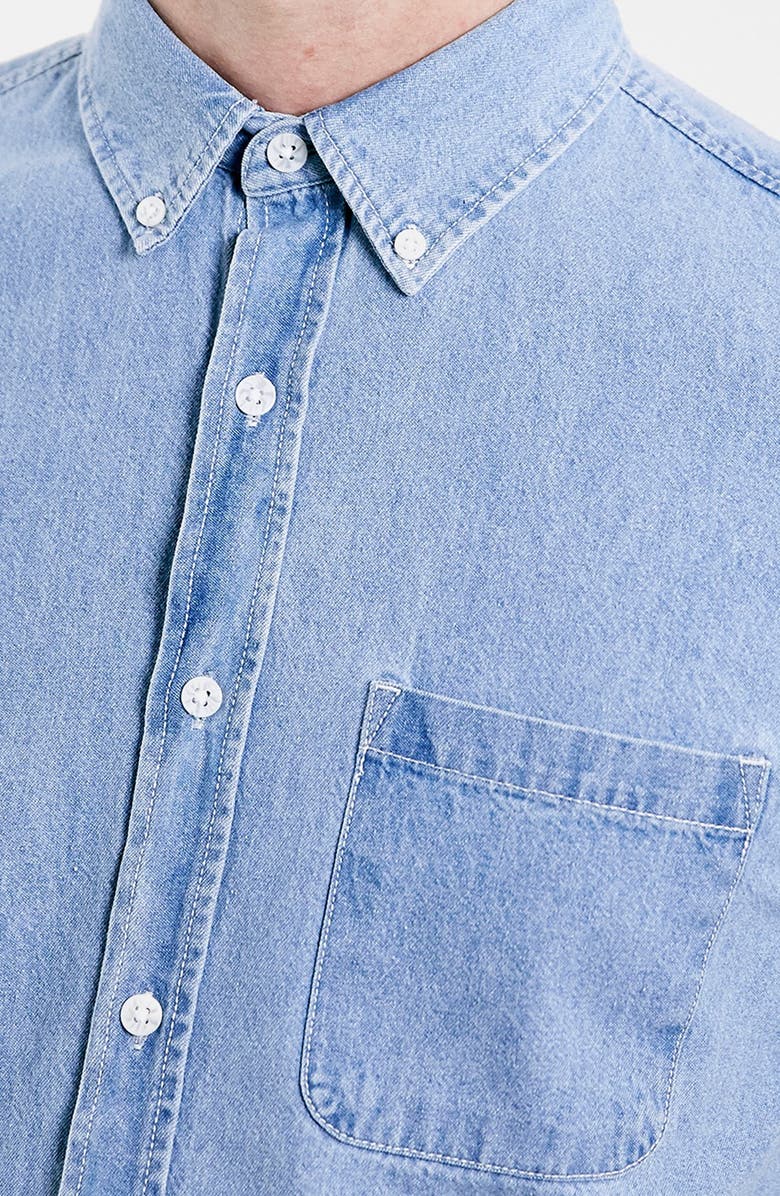 Topman Slim Fit Short Sleeve Washed Denim Shirt, Alternate, color,