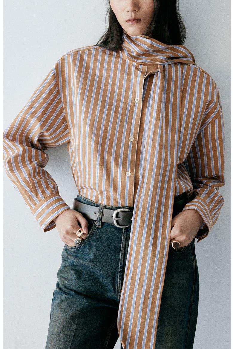 Striped Shirt with Scarf Tie, Main, color, BROWN