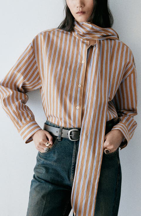 Paris Stripe Bow Button-Up Shirt