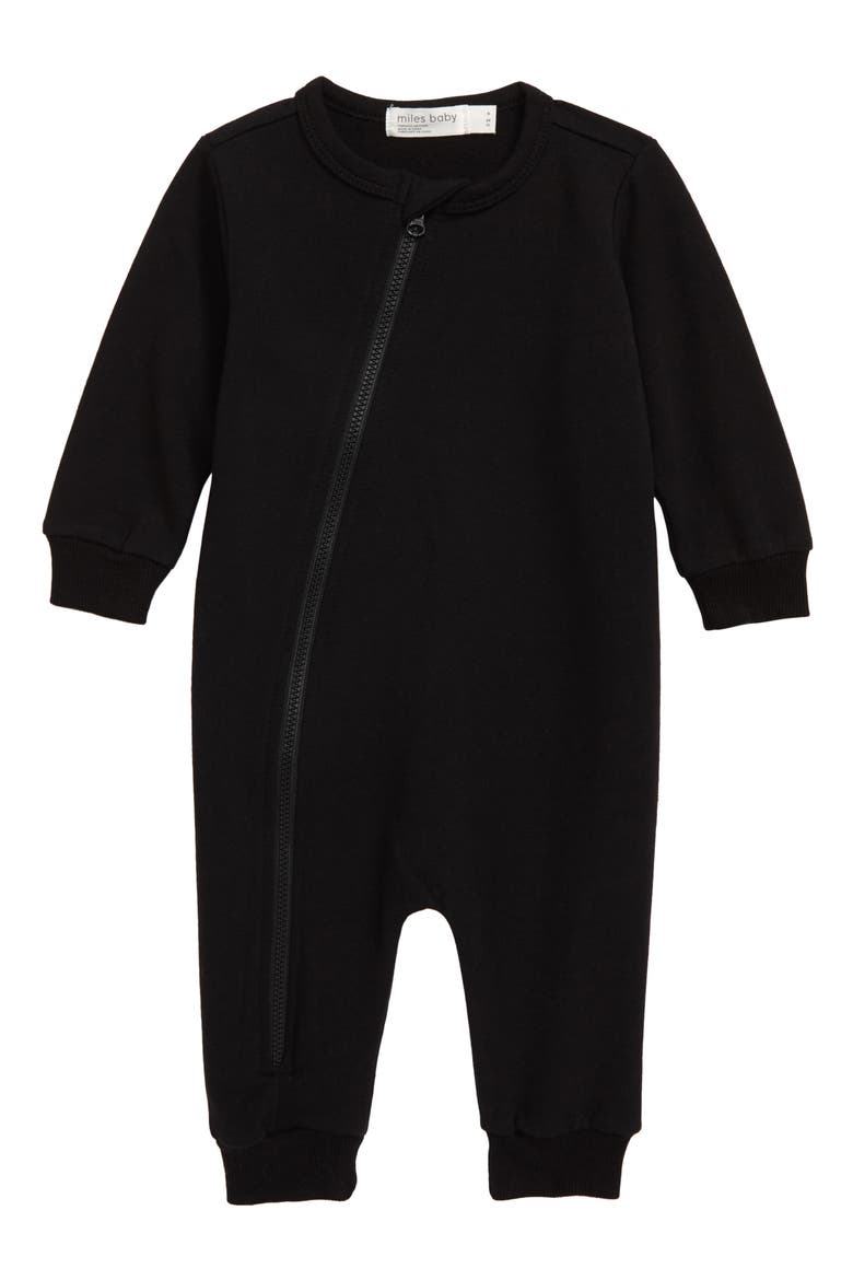 miles baby Asymmetrical Zip Romper, Main, color, BLACK