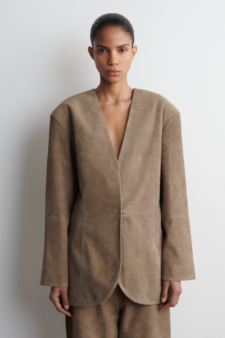 Collarless Suede Blazer, Alternate, color, BEIGE