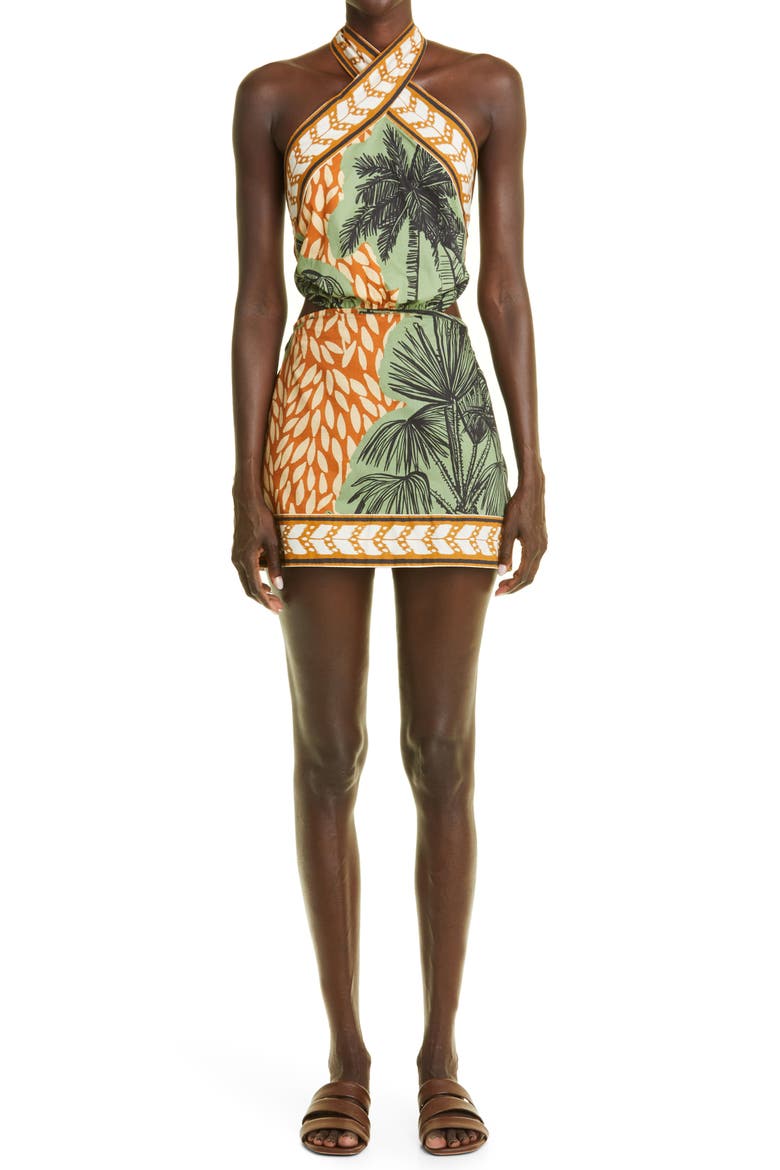 Reminders of Paradise Tropical Print Cutout Cotton Minidress, Main, color, TOILE CHOCOLATE/ GREENERY