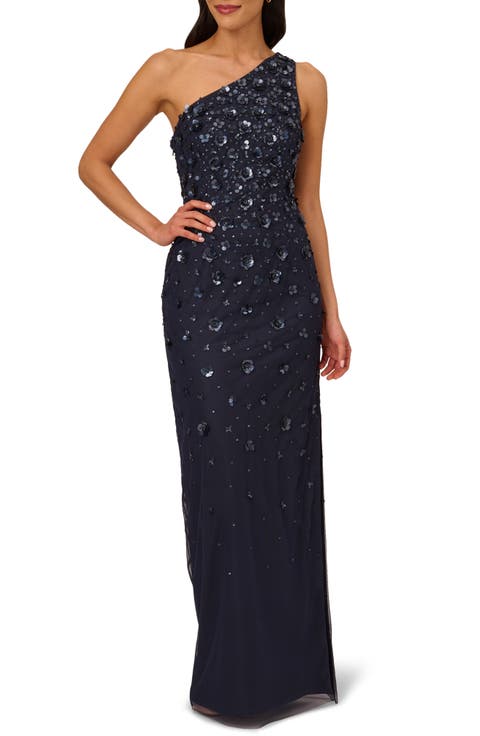 3D Beaded & Sequin One-Shoulder Gown