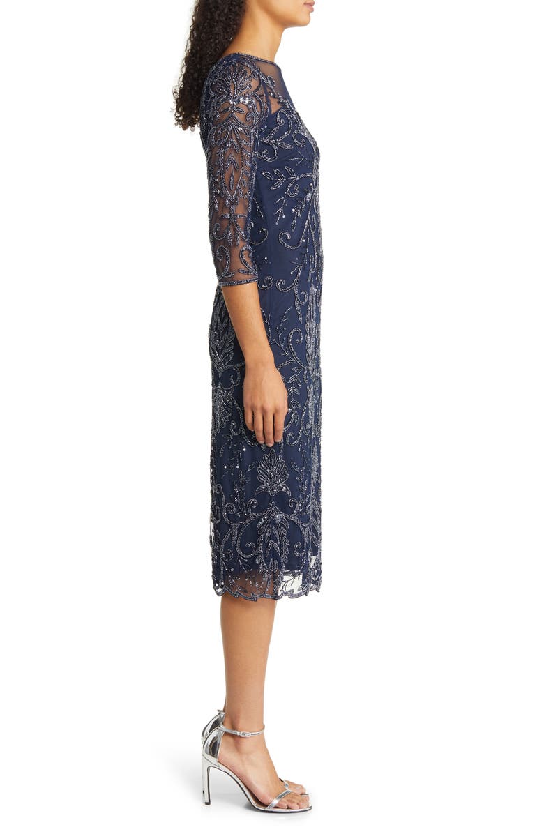 Pisarro Nights Illusion Three-Quarter Sleeve Midi Dress, Alternate, color, 