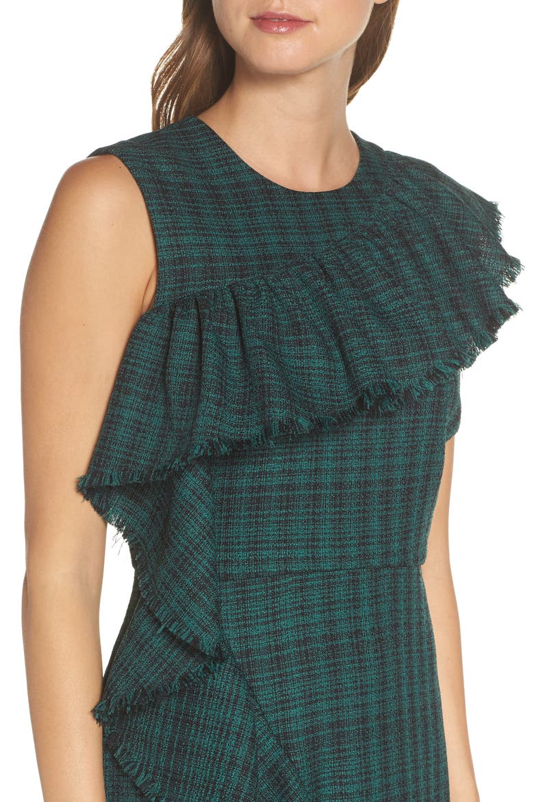 Ruffle Detail Plaid Sheath Dress, Alternate, color, GREEN BLACK PLAID