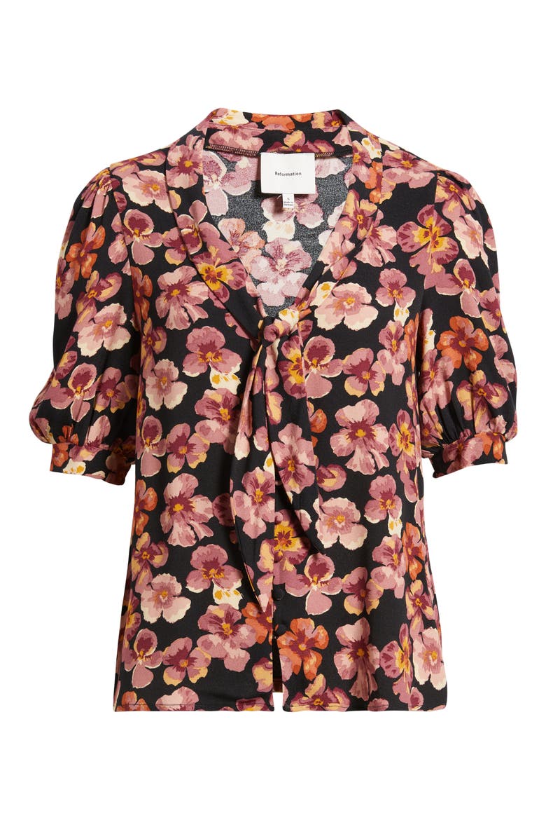 Joelle Floral Tie Neck Button-Up Top, Alternate, color, PANSY