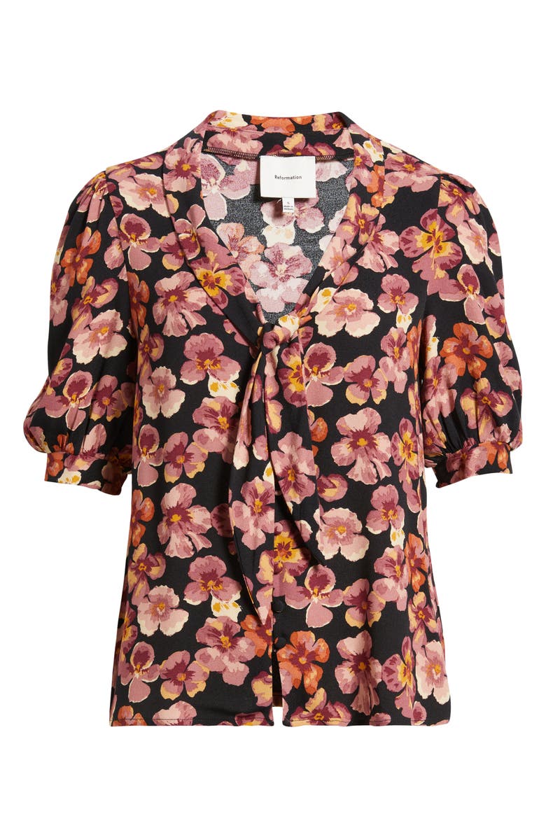 Reformation Joelle Floral Tie Neck Button-Up Top, Alternate, color, Pansy