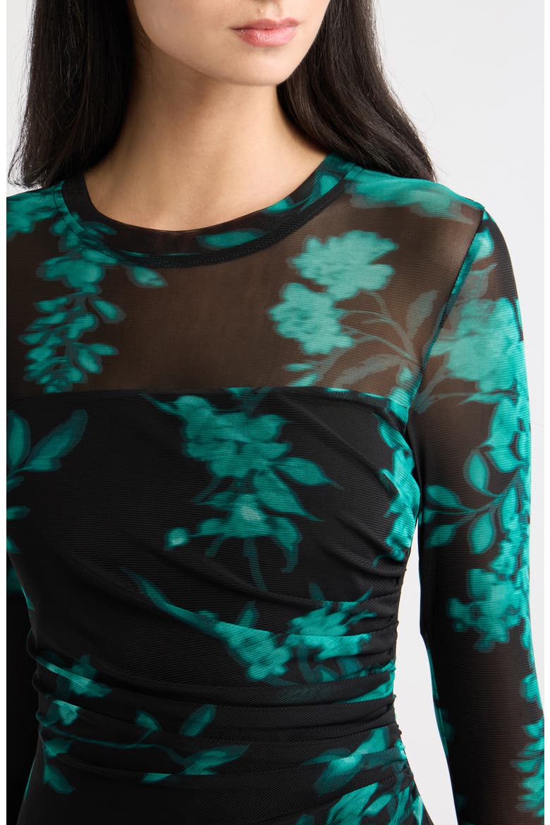 Floral Print Mesh Midi Dress, Alternate, color, DEEP JADE MULTI